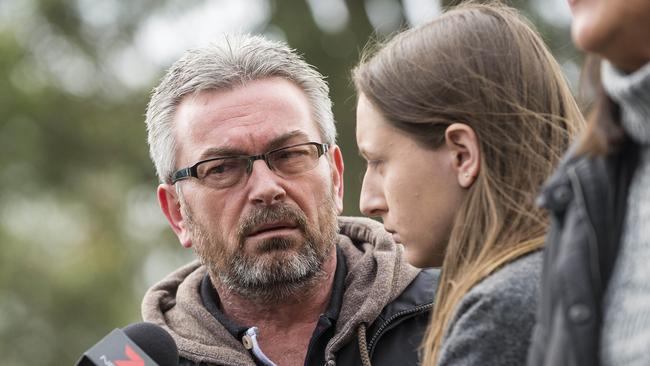 Borce Ristevski and daughter Sarah during an appeal for information after Karen Ristevski’s disappearance. Picture: Eugene Hyland