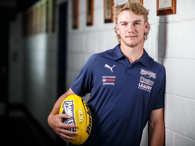 South Adelaide likely No. 1 AFL draft pick Jason Horne-Francis pictured in his old South Adelaide Football Club change rooms at Noarlunga Downs on November 23, 2021. Picture Matt Turner.