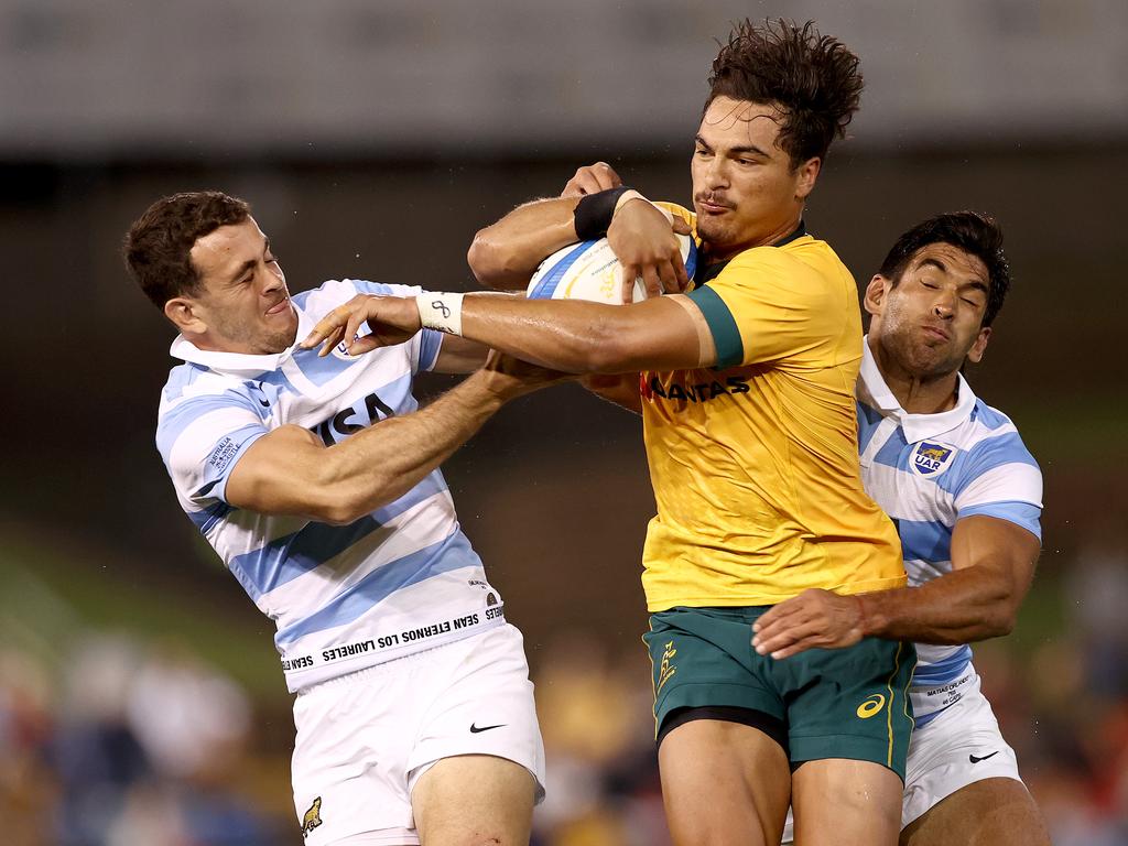 Jordan Petaia tries to get the better of Argentine while playing for the Wallabies last year. Picture: Cameron Spencer/Getty Images