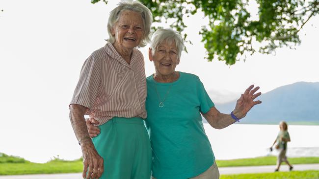 Odette Rankine and Erica Hofler enjoy the Sunshine during their Bocce match on the Esplanade on Tuesday Morning. Picture Emily Barker.