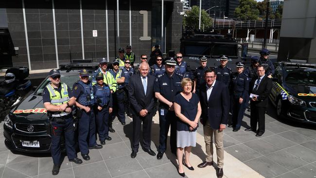 Police Association secretary Ron Iddles, Police Chief Commissioner Graham Ashton, Minister for Police Lisa Neville and Premier Daniel Andrews at the announcement. Picture: Hamish Blair