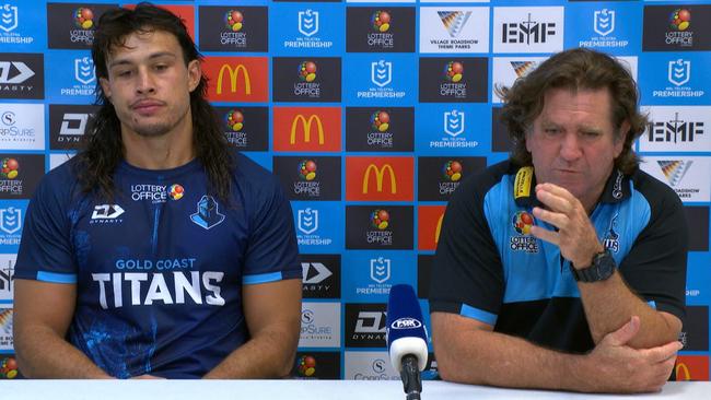 Des Hasler speaks at his post-game press conference.