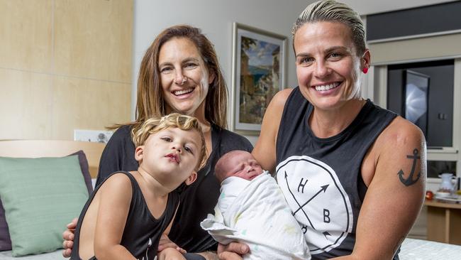 Former Ironwowan Hayley Bateup and partner April Zekulich celebrate the birth of their second child Banks Archie Bateup, pictured with their first child Baxter Bateup, 2. Picture: Jerad Williams