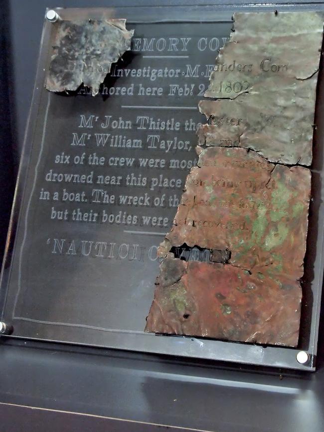 Captain Matthew Flinders left this plaque at Memory Cove near present-day Port Lincoln in 1802, to mark the loss of eight of his crew here. Picture: History Trust of SA