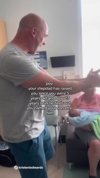 Tender moment: stepfather learns the name of his grandson