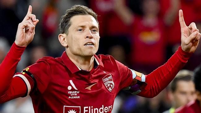 ADELAIDE, AUSTRALIA - MAY 13:  Craig Goodwin of Adelaide United celebrates after scoring his teams first goal from a penalty during the first leg of the A-League Men's Semi Final between Adelaide United and Central Coast Mariners at Coopers Stadium, on May 13, 2023, in Adelaide, Australia. (Photo by Mark Brake/Getty Images)