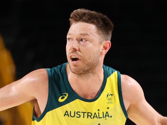 SAITAMA, JAPAN - JULY 25: Matthew Dellavedova #8 of Team Australia calls out a play against Nighia during the first half on day two of the Tokyo 2020 Olympic Games at Saitama Super Arena on July 25, 2021 in Saitama, Japan. (Photo by Gregory Shamus/Getty Images)