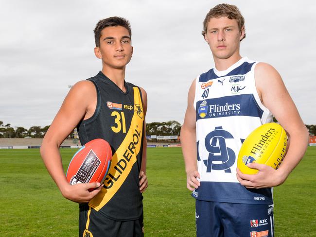 U16 players Ashton Moir from Glenelg and South AdelaideÃs Tom Schirmer are players to watch. Wednesday, April 21, 2021. Picture: Brenton Edwards