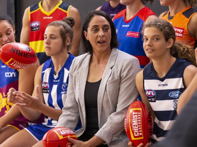 The AFL’s head of women’s football Nicole Livingstone pictured with representatives from the AFLW clubs in December, 2018. PHOTO: AAP Image/Daniel Pockett