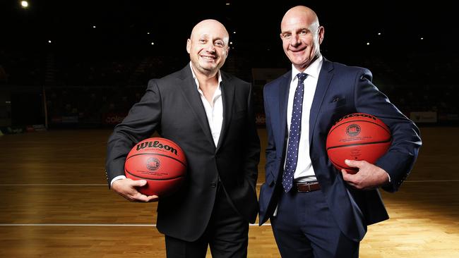 NBL owner and executive chairman Larry Kestelman and Tasmanian Premier Peter Gutwein at the announcement that the league’s 10th team would be based in Tasmania. Picture: Zak Simmonds