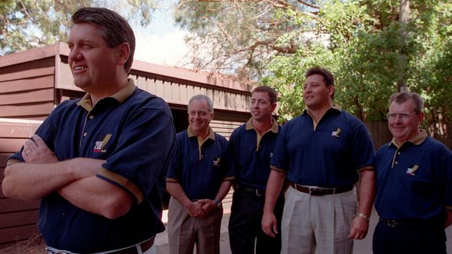 Ray Hadley, Peter Frilingos, Greg Alexander, Steve Roach and Tom Megahey in 1999 when the Continuous Call Team was on 2UE. Picture: Jeff Darmanin