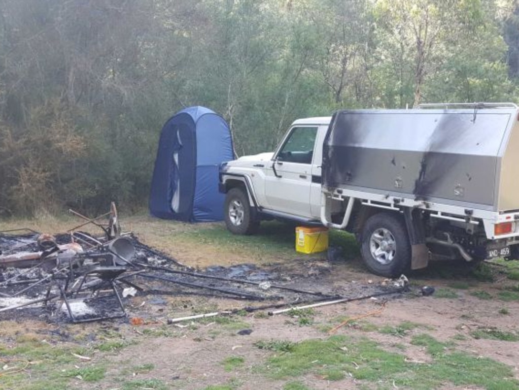 Campers found Mr Hill’s vehicle with signs of minor fire damage at their campsite, which was completely destroyed by fire. Picture: ABC