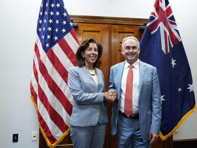 Australian Trade Minister Don Farrell meets with Commerce Secretary Gina Raimondo in Washington on August 10, 2022. Photo by Yuri Gripas