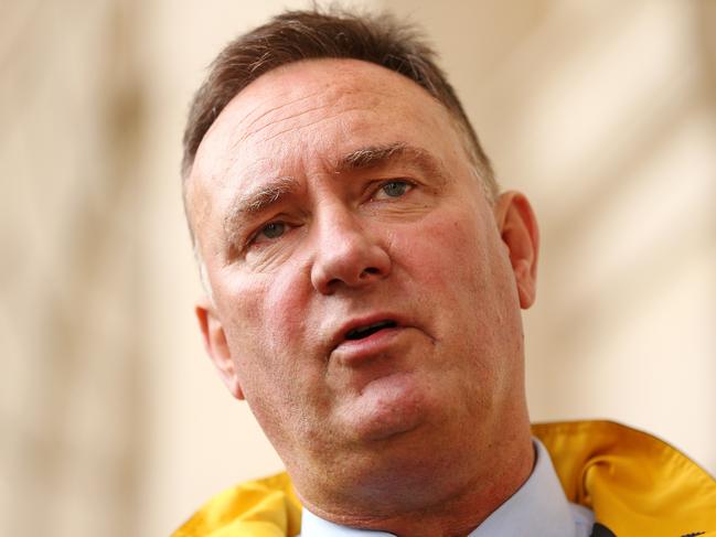 Peter Marshall, UFU Victoria Secretary speaks outside a Senate Inquiry at Parliament House, Melbourne. Picture: Mark Stewart