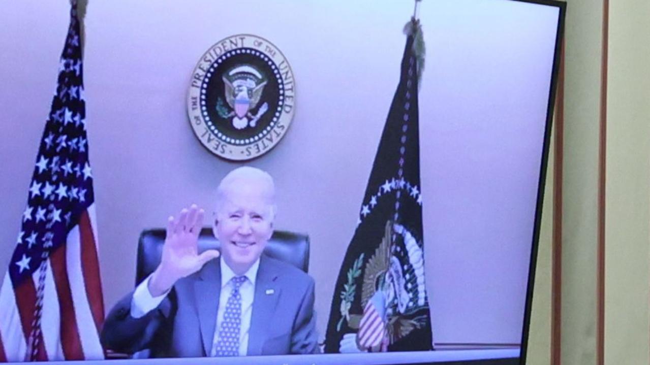 Biden was seen waving at Putin at the start of their ‘tense’ call. Picture: Mikhail Metzel/Sputnik/AFP.