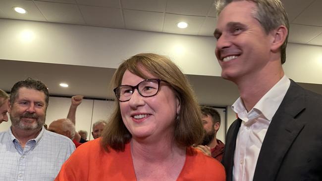 Parramatta Labor’s Donna Davis and federal MP Andrew Charlton enter Rosehill Bowling Club after winning the election.