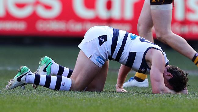 Geelong’s Patrick Dangerfield hits the deck in the first quarter. Pic: Michael Klein