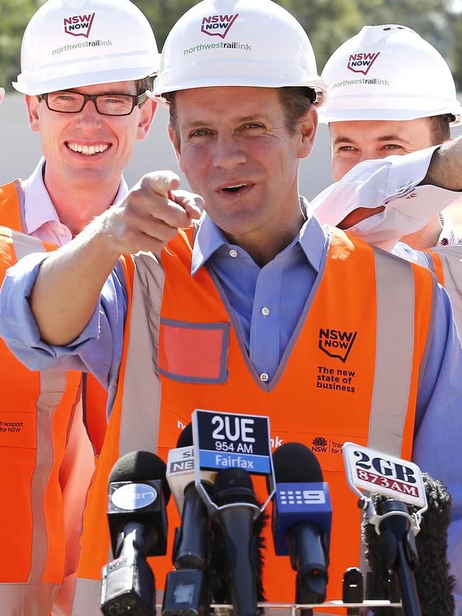 NSW Premier Mike Baird inspects construction progress on the $8.3 billion North West Rail Link at the future Cherrybrook station. Picture: Bradley Hunter