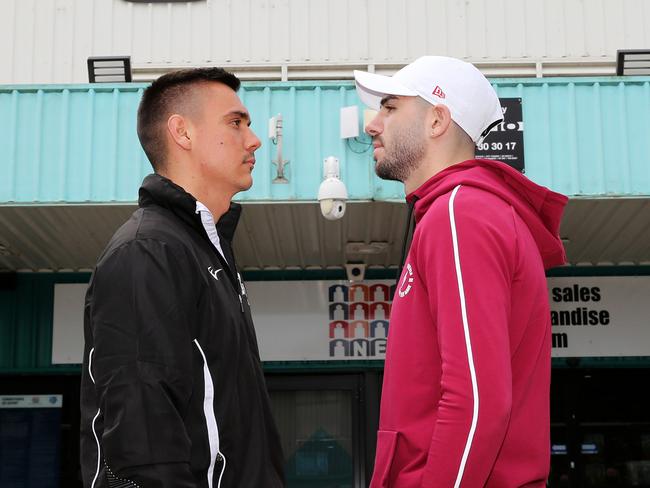 NEWCASTLE, AUSTRALIA - MAY 11: Tim Tszyu and Michael Zerafa out the front of the newly named Newcastle Entertainment Centre on May 11, 2021 in Newcastle, Australia. (Photo by Peter Lorimer/Getty Images)