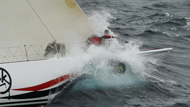 Crew on the bow of Ichi Ban prepare for a headsail change in the 2009 Rolex Sydney to Hobart Yacht Race.