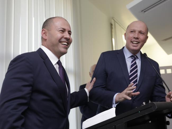 Treasurer Josh Frydenberg with Home Affairs Minister Peter Dutton before the budget speech  at Parliament House in Canberra for 2019 Budget night. Picture by Sean Davey.