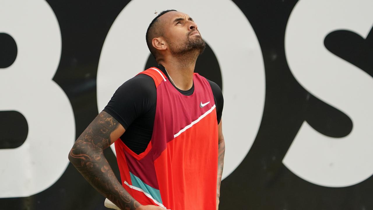 STUTTGART, GERMANY - JUNE 10: Nick Kyrgios of Australia reacts during the quarterfinal match between Marton Fucsovics of Hungary and Nick Kyrgios of Australia during day five of the BOSS OPEN at Tennisclub Weissenhof on June 10, 2022 in Stuttgart, Germany. (Photo by Christian Kaspar-Bartke/Getty Images)
