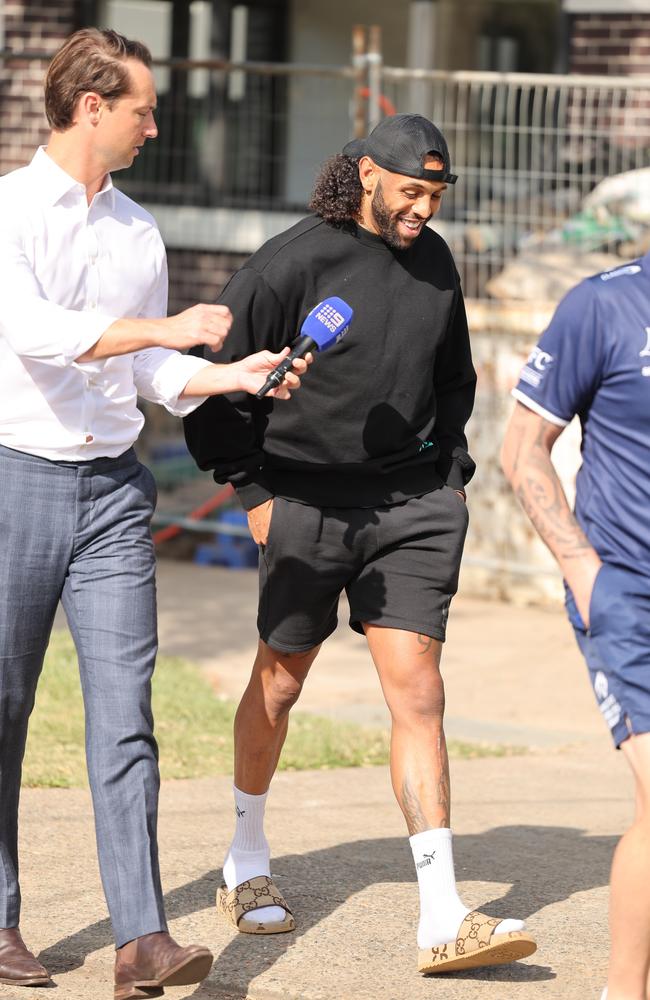 Josh Addo Carr leaving his home in Belmore on Tuesday. Picture: Tim Hunter.