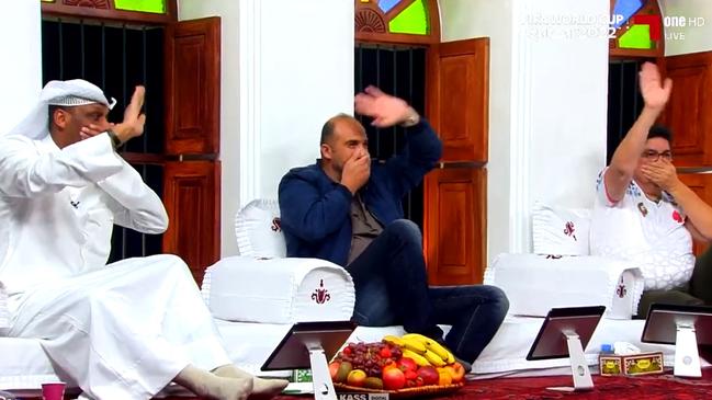 The Qatari TV hosts mocking Germany's anti-homophobia stance. Picture: Twitter