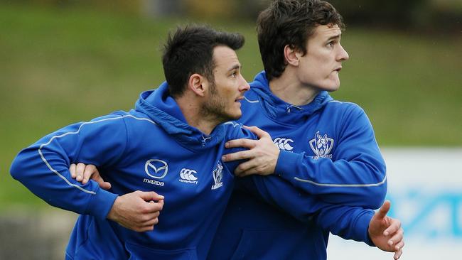 Robbie Tarrant and Scott Thompson battle at training. Picture: Colleen Petch