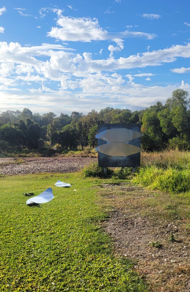 The beginning of shotgun artist Rae Saheli’s newest artwork, Frenetic Flowers. The mum-of-two shot up to 500 bullets into the petals of three flowers as part of the aluminium sculpture. Picture: Supplied