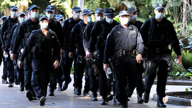 Police patrol Sydney’s Hyde Park. Picture: Chris Dyson