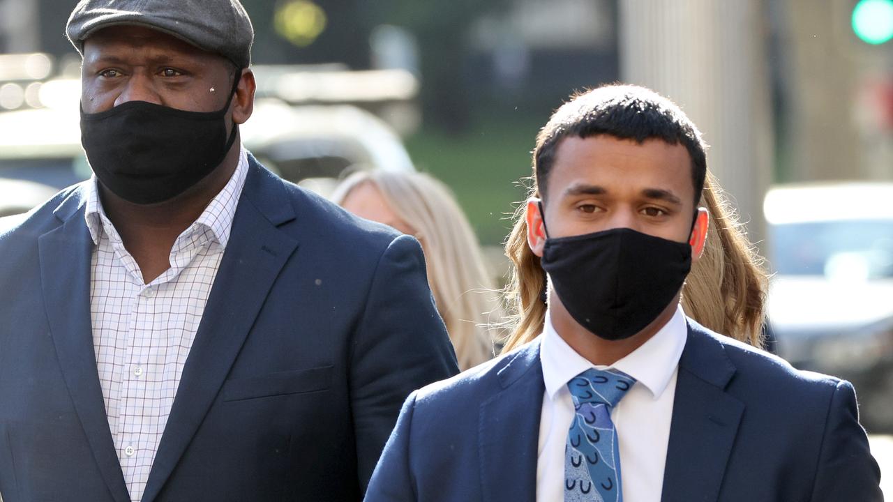 Wendell Sailor (left) has been by Tristan’s side throughout the trial, taking time off from his role as a Triple M presenter while the trial continues. Picture: NCA NewsWire / Damian Shaw