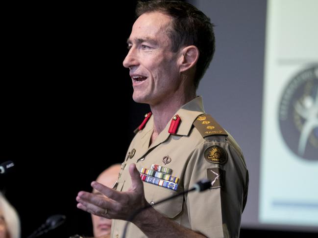 Australian Army officer, Colonel Ian Langford, speaking at the 2018 NAIDOC Week question and answer session held in the Ngunnawal Theatrette at Russell Offices, Canberra. *** Local Caption *** As part of 2018 NAIDOC Week celebrations in Canberra, a Question and Answer session was held at Russell Offices to discuss Defence members' personal experiences of Indigenous female leadership.    The theme of 2018 NAIDOC Week, âBecause of her, we can!â recognises the contributions that Aboriginal and Torres Strait Islander women have made, and continue to make, to their families, communities, and Australian society, at the local, state and national levels.   Defence supports NAIDOC Week by acknowledging the contributions and achievements of Defence Indigenous members, promoting ongoing commitment to reconciliation, and contributing to the national âClosing the Gapâ strategy  The 2018 NAIDOC Week celebrations were held across Australia bewteen 8-15 July, to recognise the history, culture and achievements of Aboriginal and Torres Strait Islander people.