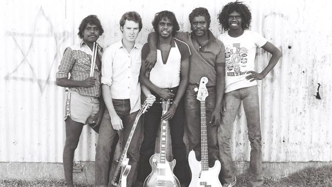 The Warumpi Band in 1981: Gordon Butcher, Neil Murray, Sammy Butcher, Dennis Minor and George Rrurrambu.