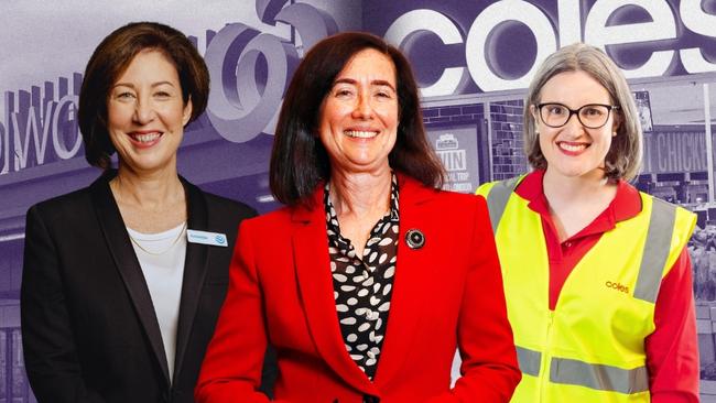 Woolworths CEO Amanda Bardwell (left), ACCC chair Gina Cass-Gottlieb and Coles CEO Leah Weckert.