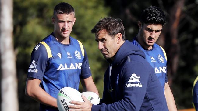 Eels rookie Jakob Arthur (left) is soaking up the advice from NRL legend Andrew Johns.