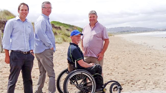 Project officer Paul Markey, Accessible Tourism Officer ParaQuad Tasmania Richard Witbreuk, Sorell Mayor Kerry Vincent with Physical Disability Sports Coordinator ParaQuad Tasmania Kevin Faulkner (in wheelchair). Picture: Supplied