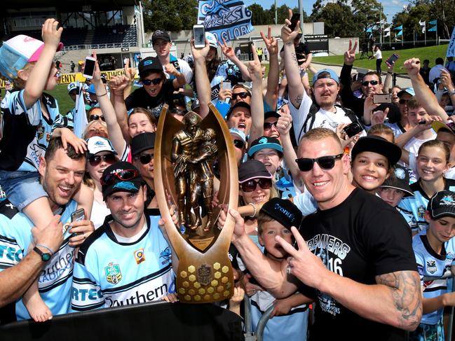 Luke Lewis celebrates with fans the day after Cronulla won the 2016 NRL grand final. Picture: Stephen Cooper