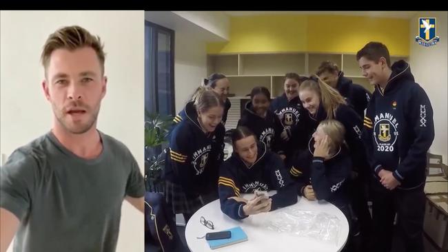 Hammer time: Chris Hemsworth sends a video message to Immanuel College Year 12, students. Picture supplied: Immanuel College/Facebook