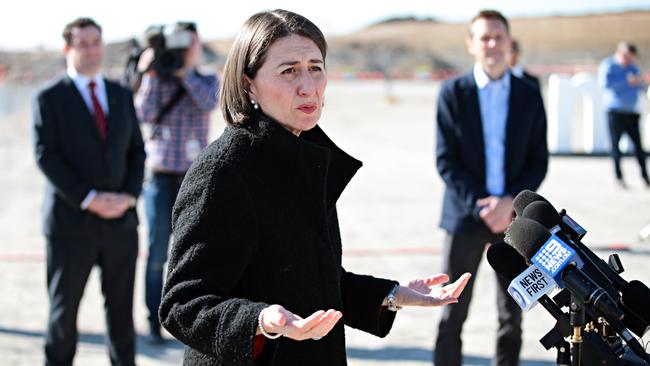 NSW Premier Gladys Berejiklian speaking to the press at Kemps Creeek. Picture: NewsWire / Adam Yip