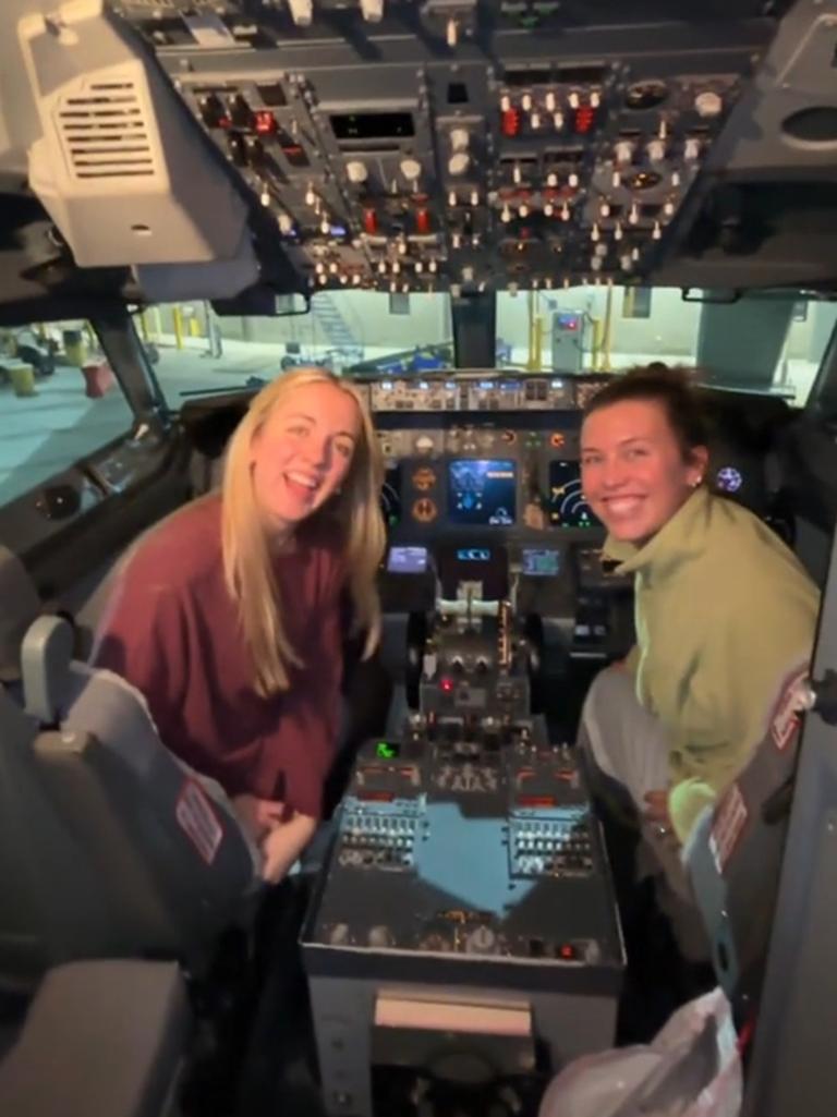 They got to sit in the cockpit after landing. Picture: TikTok / @natalie.wolfley