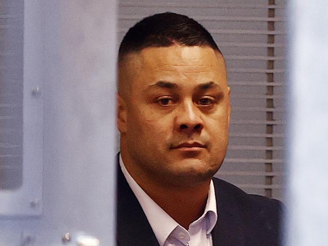 WEEKEND TELEGRAPHS - 14/4/23MUST NOT PUBLISH BEFORE CHECKING WITH PIC EDITOR - Jarryd Hayne is taken into custody at the King St Courts in Sydney after being found guilty of rape. Picture: Sam Ruttyn