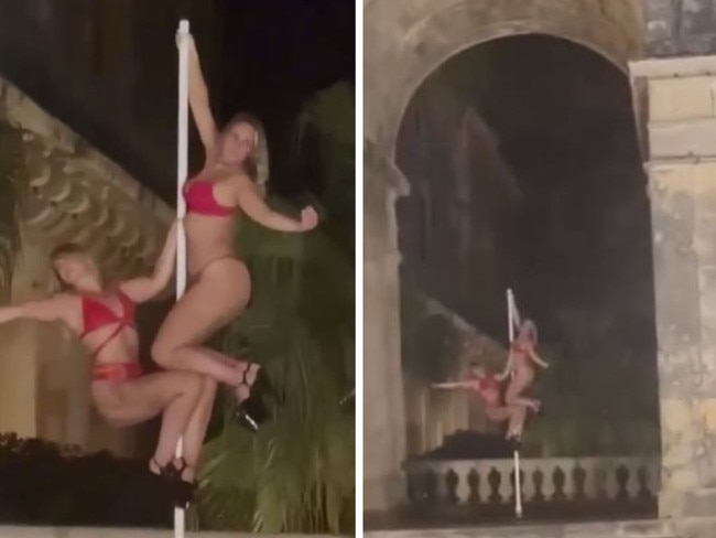 Five women in hot water after pole dancing stunt at Greek palace goes viral. Picture: Facebook/StefanDimoulis