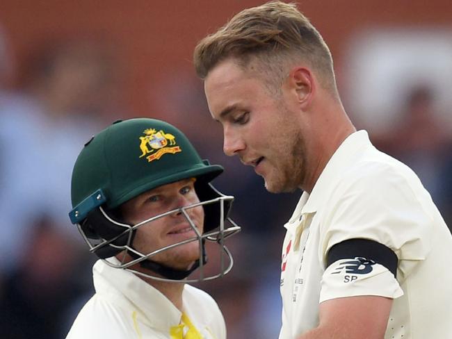 Steve Smith exchanges words with Stuart Broad during the second Ashes Test.