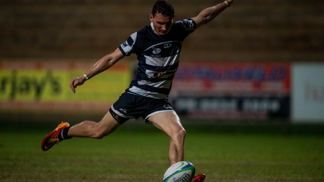 Action from Darwin A-grade Rugby Union Round 4: Casuarina Cougars v South Darwin Rabbitohs at Rugby Park, Marrara. Fly Half Trey Crowley converts a try in the first half. Picture: Che Chorley