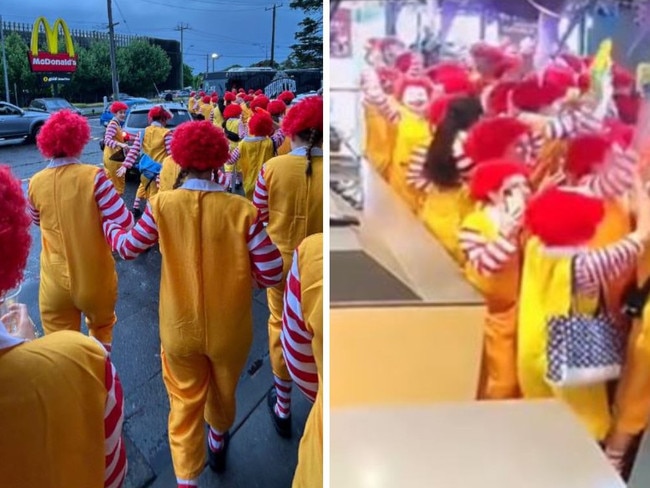 Aussie Catholic schoolgirls storm Macca’s in viral muck-up prank. Picture: TikTok/@sacbalz