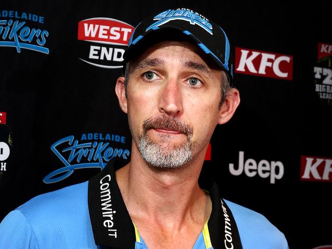 22/1/16 - Strikers coach Jason Gillespie speaking of the disappointment of being knocked out of the Big Bash - pic Mike Burton