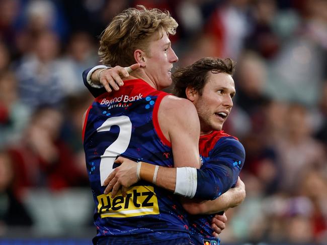 MELBOURNE, AUSTRALIA - MAY 26: Jacob van Rooyen (left) and Ed Langdon of the Demons celebrate during the 2024 AFL Round 11 match between Narrm (Melbourne) and Euro-Yroke (St Kilda) at The Melbourne Cricket Ground on May 26, 2024 in Melbourne, Australia. (Photo by Michael Willson/AFL Photos via Getty Images)