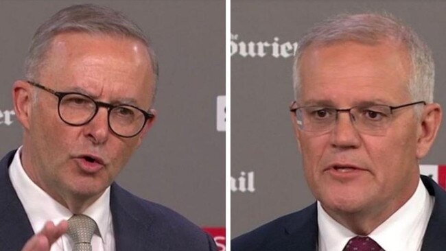 Anthony Albanese and Scott Morrison face off at the first leaders' debate. Picture: Sky News