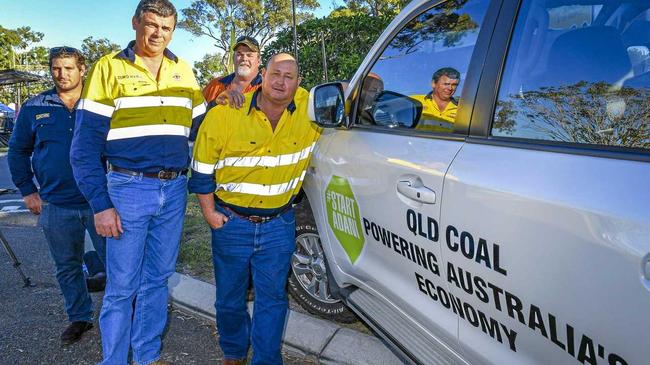 A Pro-adani convoy rolled into the 2019 Boyne Tannum HookUp led by owner of the Grand Hotel in Clermont, Kelvin Appleton with Jason Thomasson, Jack Trenmann and former NRL player Dave Taylor. Picture: Matt Taylor GLA050519ADANI